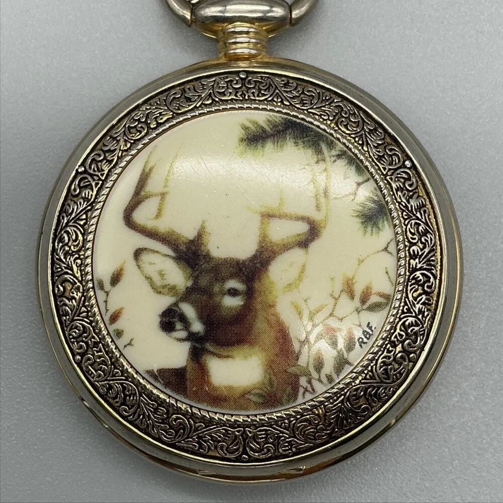Franklin Mint American Wildlife Mens Pocket Watch 51mm Deer Chain New Battery